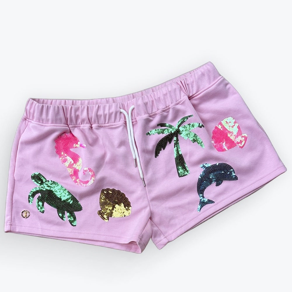 Coastal Kawaii Beachy Pink Sequined Shorts Seahorse Turtle Palm & Dolphin ~ XXL